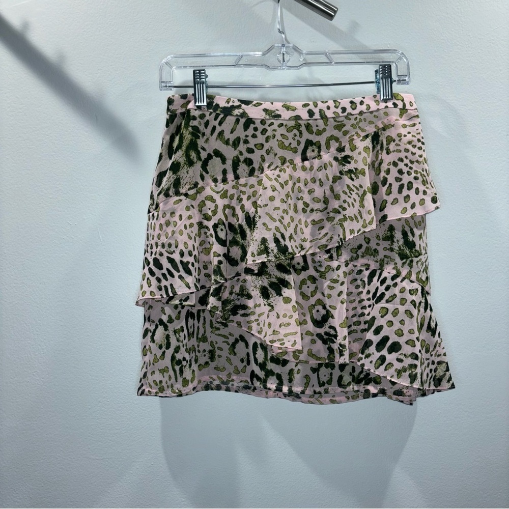 Zara Layered Ruffle Mini Skirt Pink Green Leopard Animal Print Size Small